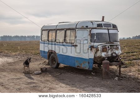 House trailer, made of rusty old Soviet bus, barking dog in Russian field on wastelands