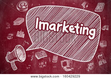 Shouting Mouthpiece with Phrase Imarketing on Speech Bubble. Hand Drawn Illustration. Business Concept. Business Concept. 