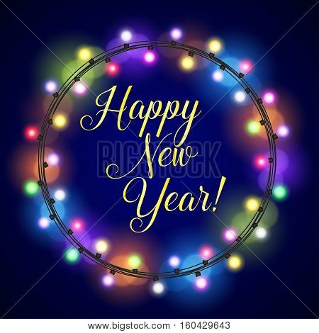 New Year greeting card design with colorful Glowing lights decorated circular frame. vector illustration