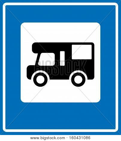 Blue Camp Sign, Camping Trailer Road Symbol in White Square against Blue. Vector Illustration for Traffic