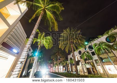 famous Rodeo drive in California by night