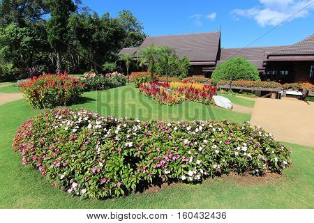 Beautiful flowerbed in botanical garden with blue sky background