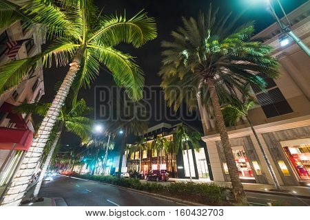famous Rodeo drive in California by night