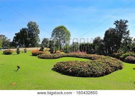 Beautiful flowerbed in botanical garden with blue sky background