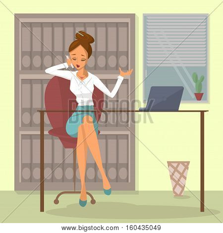 Business woman or a clerk working at workplace. Young woman talks on phone at office desk. Design concept of the secretary or administrator. Vector illustration eps10
