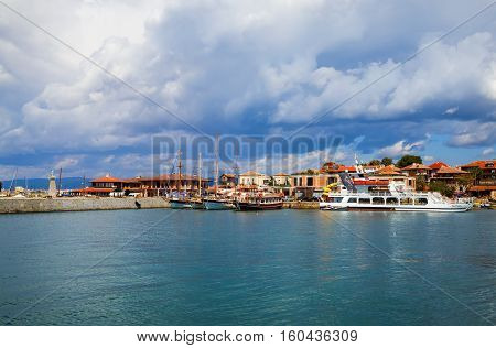 NESEBAR BULGARIA SEPTEMBER 06 2013: Pleasure boats and yachts in the harbor of the old town of Nessebar on the bulgarian Black Sea boast. Sunny summer day.