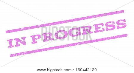 In Progress watermark stamp. Text tag between parallel lines with grunge design style. Rubber seal stamp with dirty texture. Vector violet color ink imprint on a white background.