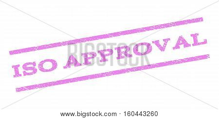 ISO Approval watermark stamp. Text caption between parallel lines with grunge design style. Rubber seal stamp with dust texture. Vector violet color ink imprint on a white background.