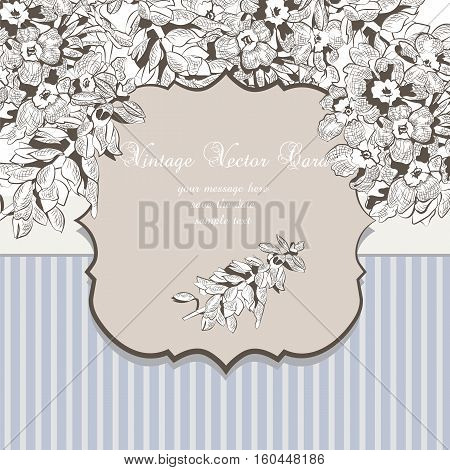 Vintage Card with ink Roses Vector. Poster for weddings, ceremony, events. Hand drawn engraved technique. Blue serenity color