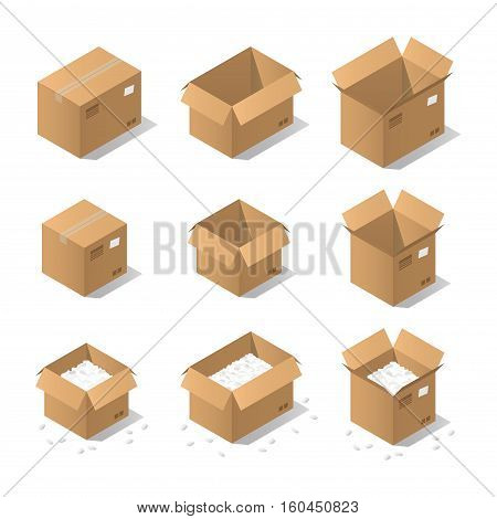 Vector isometric cardboard box set. Collection of isometric cardboard boxes of different types - open box, closed box, boxes with a postal filler.