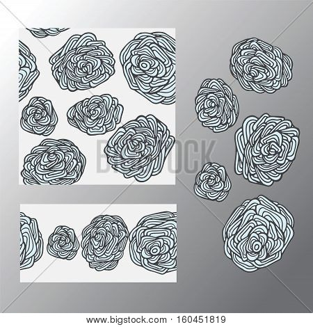 stock vector set of seamless doodle pattern with flowers and waves. oriental backgraund. big rose