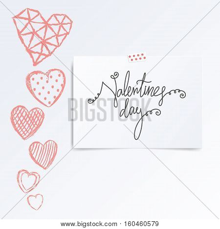 Folded in half leaflet with valentines day quote. Mock up template vector illustration isolated on white. Set of hand drawn red hearts with cells, polka dots, triangles, lines on white background. Greeting card concept.