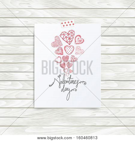 Folded in half sheet of paper with valentines day quote and set of red hearts. Mock up template vector illustration isolated on wooden background. Set of hand drawn red hearts with cells, polka dots, triangles, lines. Flyer, booklet, poster concept.
