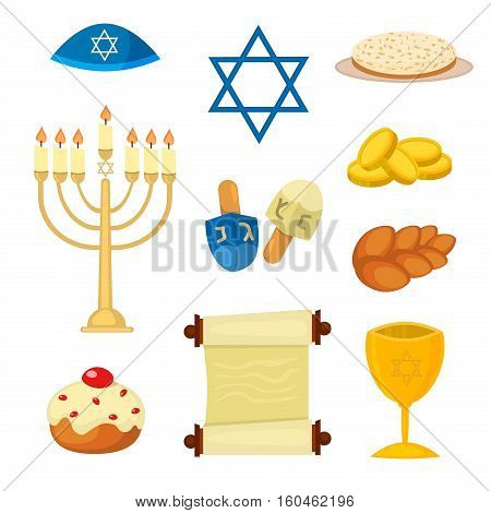 Judaism church traditional symbols jewish hanukkah set. Various jewish symbols and items hanukkah celebration flat icons vector. Jewish hanukkah church traditional religious.