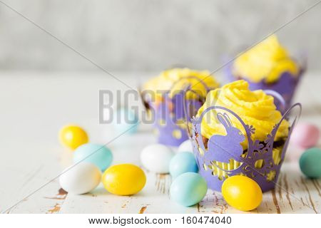 Easter cupcakes with eggs and flaffy willow, wood background