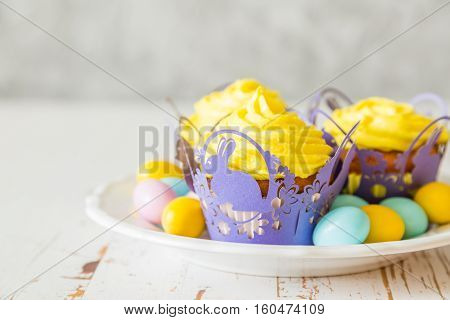 Easter cupcakes with eggs and flaffy willow, wood background