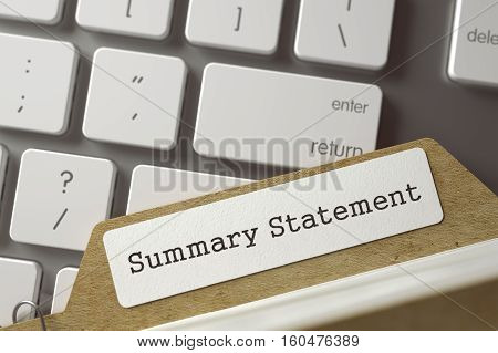 Summary Statement. Sort Index Card Lays on Computer Keyboard. Business Concept. Closeup View. Selective Focus. Toned Illustration. 3D Rendering.