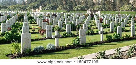 Cairo, Egypt - December 7, 2016: Heliopolis Commonwealth War Cemetery, contains 1742 burials of the Second World War, opened in October 1941
