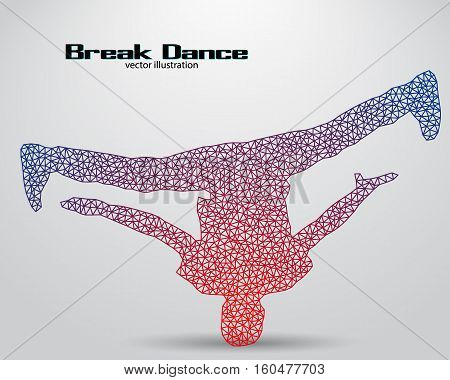 Silhouette of a break dancer from triangles. Background and text on a separate layer, color can be changed in one click
