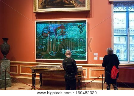 St Petersburg, Russia, Dec 1, 2016: People look at the exhibit of temporary modern art exhibition 
