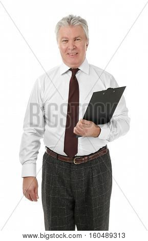 Senior businessman with clipboard on white background