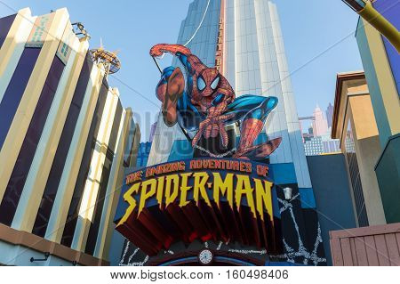 ORLANDO USA - NOVEMBER 1 2016: Entrance to SpiderMan ride. Universal Studios Orlando is a theme park resort in Orlando Florida USA