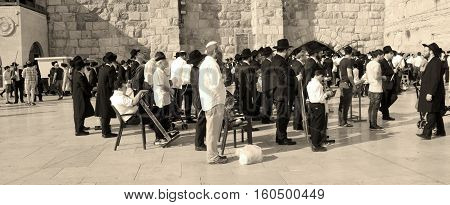 JERUSALEM ISRAEL 26 10 16: Jewish pray a the Western Wall, Wailing Wall the Place of Weeping is an ancient limestone wall in the Old City of Jerusalem. Second Jewish Temple by Herod the Great