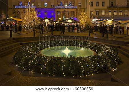 Mandusevac fountain on Ban Jelacic square in Zagreb advent evening view