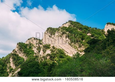 Mtskheta, Georgia. The View Of White Limestone Mountaintop Overgrown With Dense Green Vegetation In The Area Of Shiomgvime Or Shio-Mgvime Monastery In Sunny Spring Under Blue Cloudy Sky.