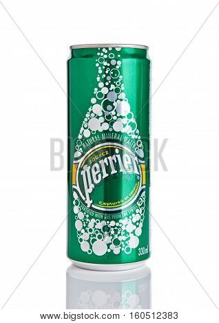 LONDON UK - DECEMBER 06 2016: Tin of Perrier sparkling mineral water. Perrier is a French brand of natural bottled mineral water sold worldwide.