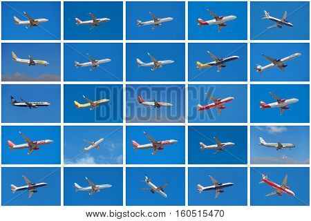 TENERIFE SPAIN - CIRCA 2016: Set of different airplanes from different airlines such as Ryanair Iberia British Airways Jet 2 Tuy taking off or landing in Tenerife airport Spain.