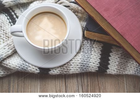 Christmas tree in Coffee Cup with Book and on The Scraf in Vintage Tone