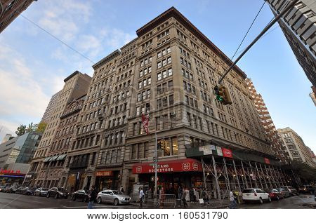 NEW YORK CITY - OCT. 2, 2011: New York style wide angle Architecture at the intersection of Broadway and E 12th street, Manhattan, New York City, USA.