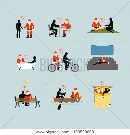Love To Santa Claus Collection. Lover Christmas Set. Man And Santa In Cinema. Lovers In Bath. Romant
