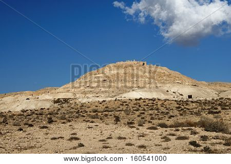 Ruins of the ancient Avdat (Ovdat) town on top of the desert hill in Israel