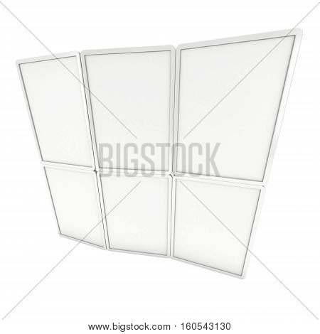 Blank Fold Up Banner Stands. Trade show booth white and blank. 3d render illustration isolated on white background. Template mockup for your design.