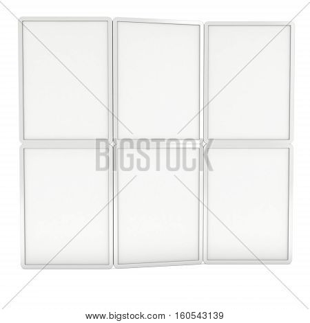 Blank Fold Up Banner Stands. Trade show booth white and blank. 3d render illustration isolated on white background. Template mockup for your design.