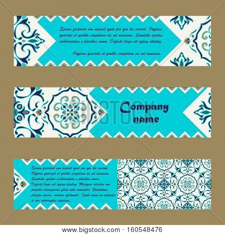 Vector set of colorful horisontal banners for business and invitation. Portuguese Azulejo Moroccan; Arabic; asian ornaments. Geometric and floral motifs