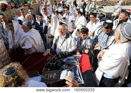 Jerusalem, Israel - November 2 , 2016: Bar Mitzvah Ceremony at the Western Wall in Jerusalem Old City. Bar Mitzvah is the Jewish rite of passage from boyhood to manhood.