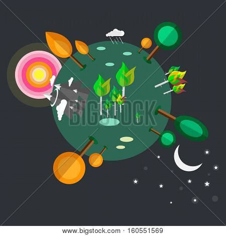 Earth with sun icon in flat style