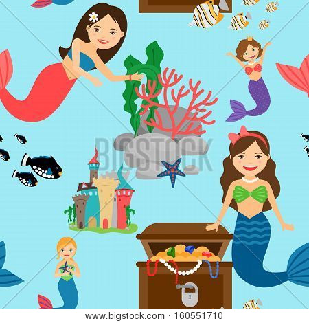 Cartoon mermaid, fishes and marine treasure seamless pattern on blue background. Vector illustration