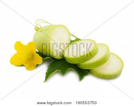 Fresh marrow vegetable slice and leaf isolated on white background
