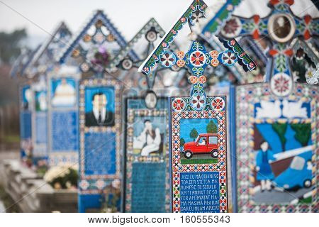 Sapanta Romania - November 17 2016: Image of the graveyard in Sapanta Romania called 