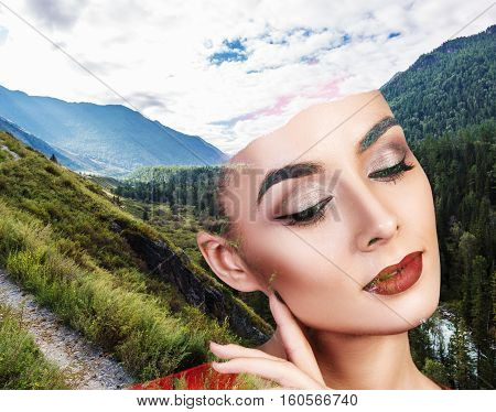 Double exposure portrait of young woman and nature landscape