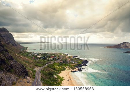 Aerial view of south shore of Oahu, Hawaii, known as Kaiwi Coast