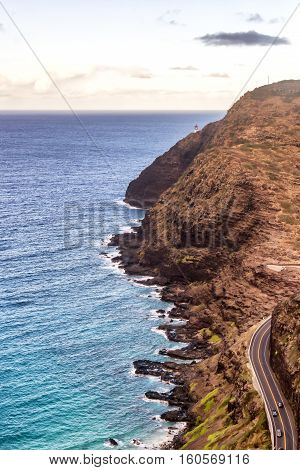Aerial view of part of Oahu, Hawaii south shore with Makapuu Lighthouse in the distance