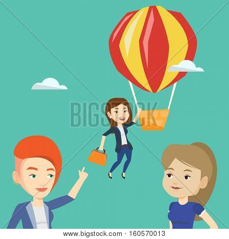 Two young caucasian employees looking at their successful colleague. Hardworking worker flying away in a balloon from her less successful colleagues. Vector flat design illustration. Square layout.