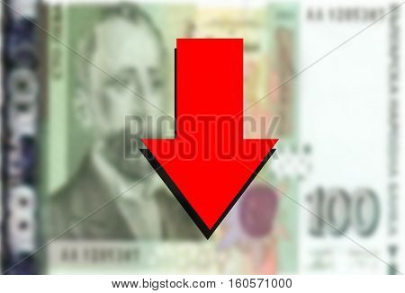 close up on Bulgarian money with red arrow down
