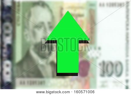 close up on Bulgarian money with green arrow up