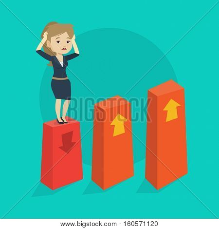 Caucasian frightened bankrupt business woman clutching her head. Young female bankrupt standing on chart going down. Concept of business bankruptcy. Vector flat design illustration. Square layout.